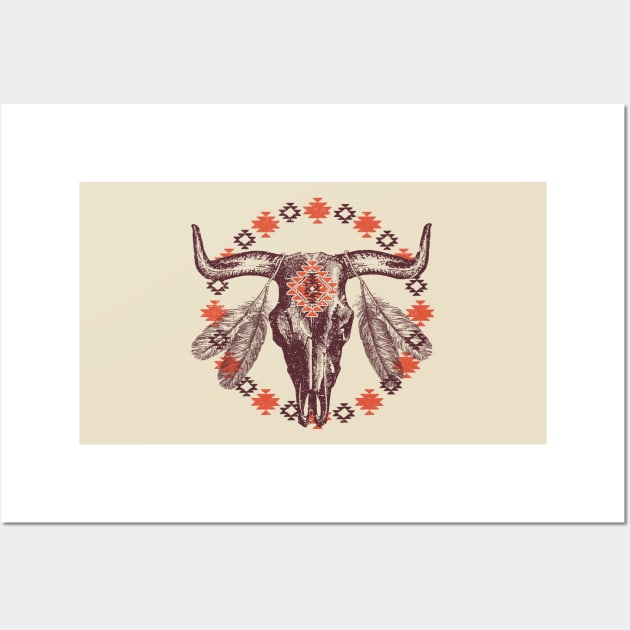 Southwestern Bull Cow Skull BOHO Feathers Aztec Wall Art by bigraydesigns